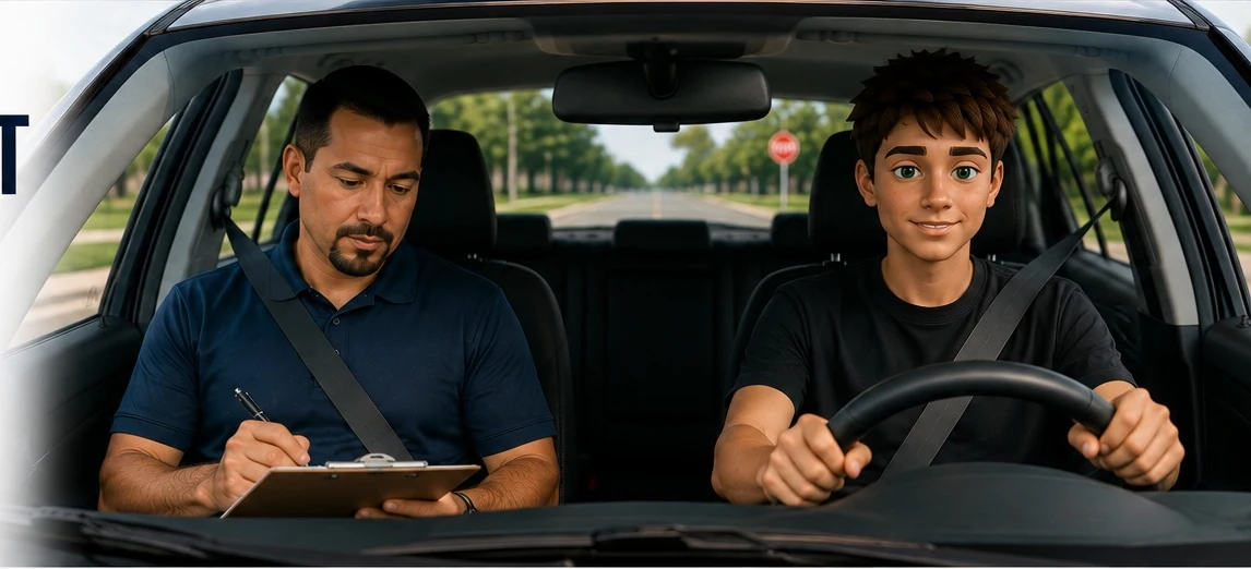 Student in the vehicle's left-side driver seat with road test examiner in the passenger seat completing an evaluation