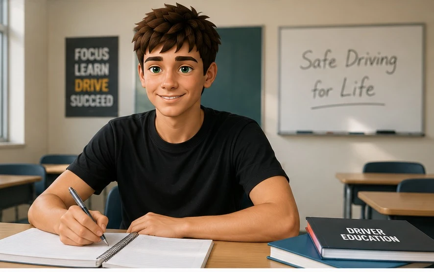 Segment 2 student in a classroom wearing a plain dark shirt and completing driver education work at a desk